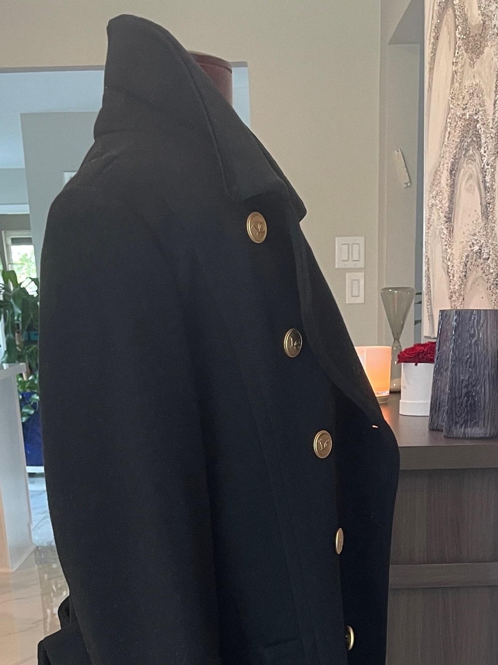Vintage Liz Claiborne Women Black Double-Breasted Wool Coat, Gold Buttons Sz 12 - Picture 7 of 12